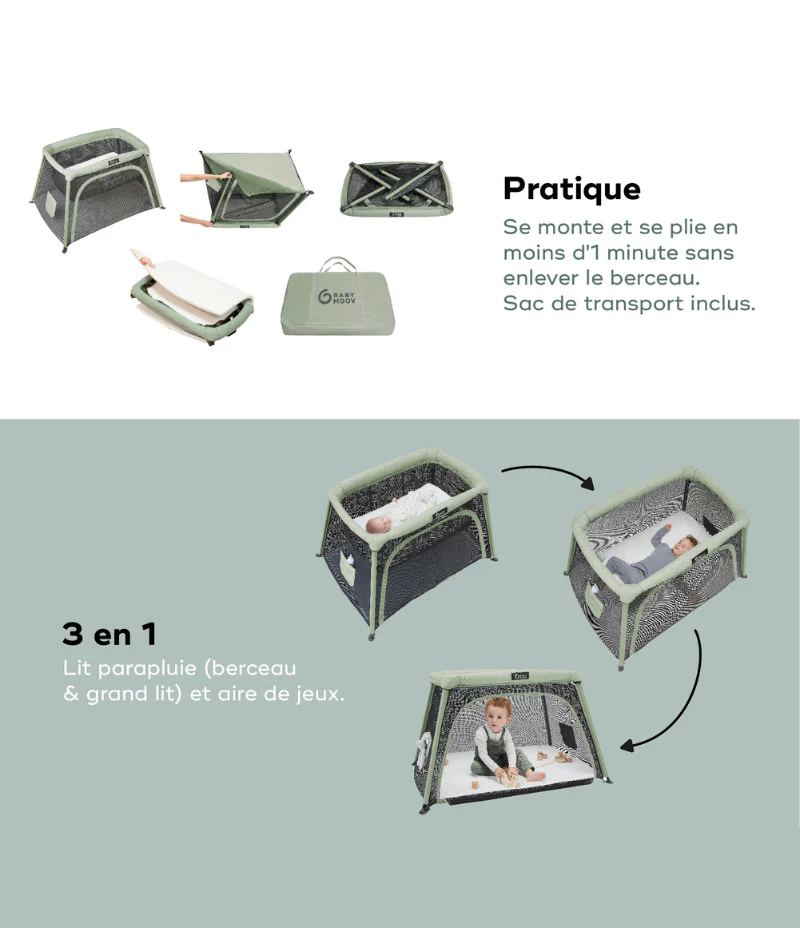 Lit parapluie utilisable dès la naissance et jusqu'à 4 ans - Berceau inclus - Moov & Comfy - Image 7